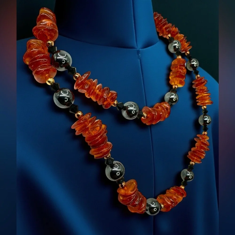 Vintage 26” Natural Amber & Hematite Bead Necklace Gold Fold-Over Clasp Stunning